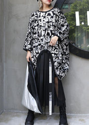 Modern black prints cotton clothes For Women asymmetric box fall blouse - SooLinen