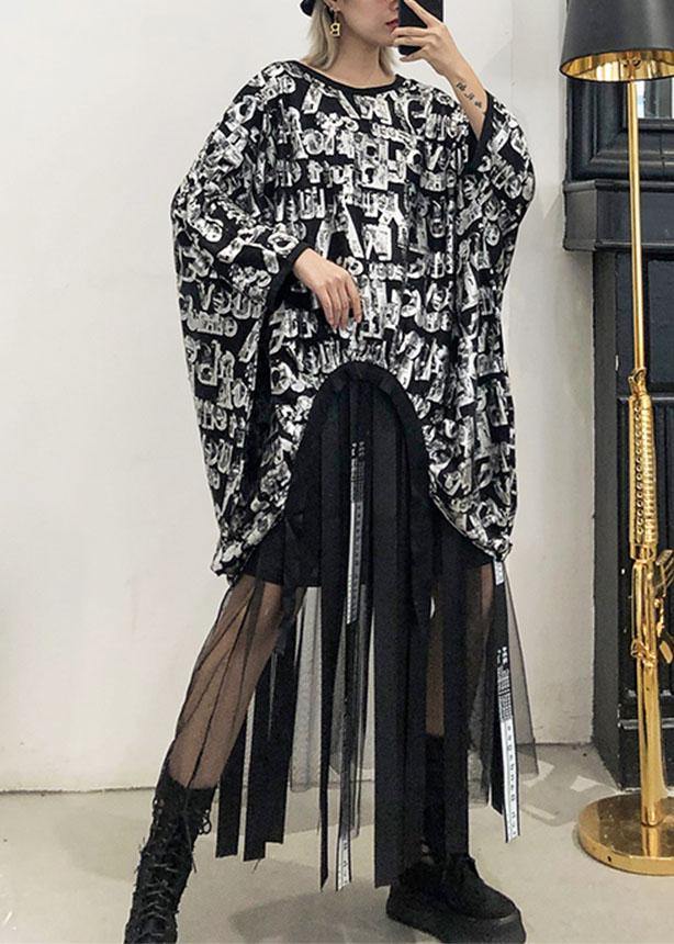 Modern black prints cotton clothes For Women asymmetric box fall blouse - SooLinen