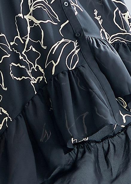 Modern black prints cotton dresses ruffles Plus Size summer Dresses - SooLinen