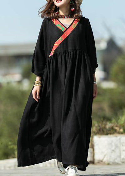 Modern black silk linen Long dress v neck patchwork Maxi summer Dress - SooLinen