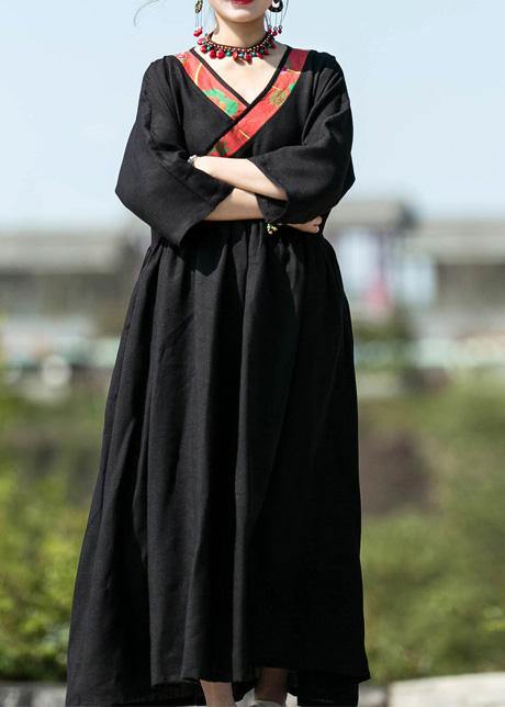 Modern black silk linen Long dress v neck patchwork Maxi summer Dress - SooLinen