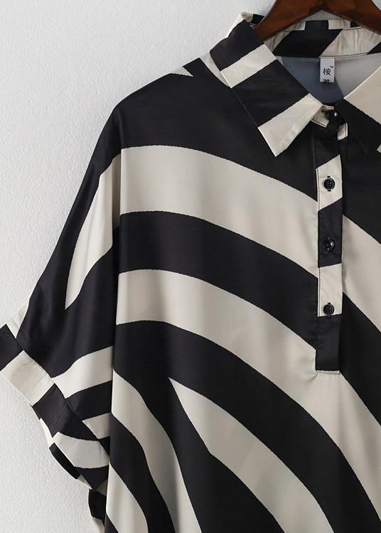 Modern black striped chiffon clothes For Women Fabrics lapel Batwing Sleeve long summer Dresses - SooLinen