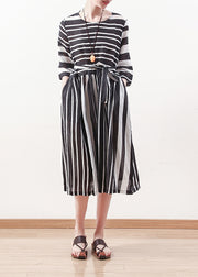 Modern black white striped linen clothes For tie waist cotton summer Dress