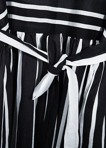 Modern black white striped linen clothes For tie waist cotton summer Dress