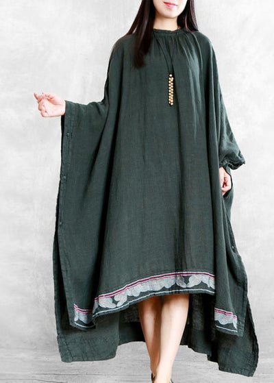 Modern blackish green linen Long Shirts o neck embroidery Robe Dresses - SooLinen