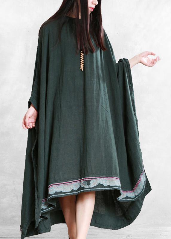 Modern blackish green linen Long Shirts o neck embroidery Robe Dresses - SooLinen