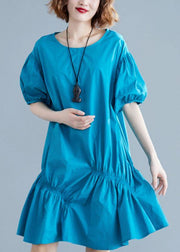 Modern blue Cotton Tunic o neck lantern sleeve oversized Dresses - SooLinen