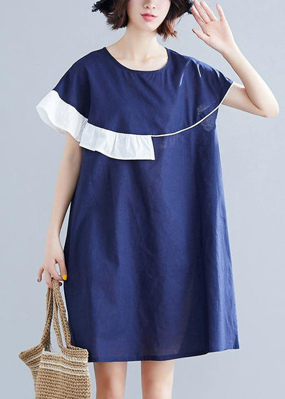 Modern blue Cotton Wardrobes o neck patchwork summer Dress - SooLinen