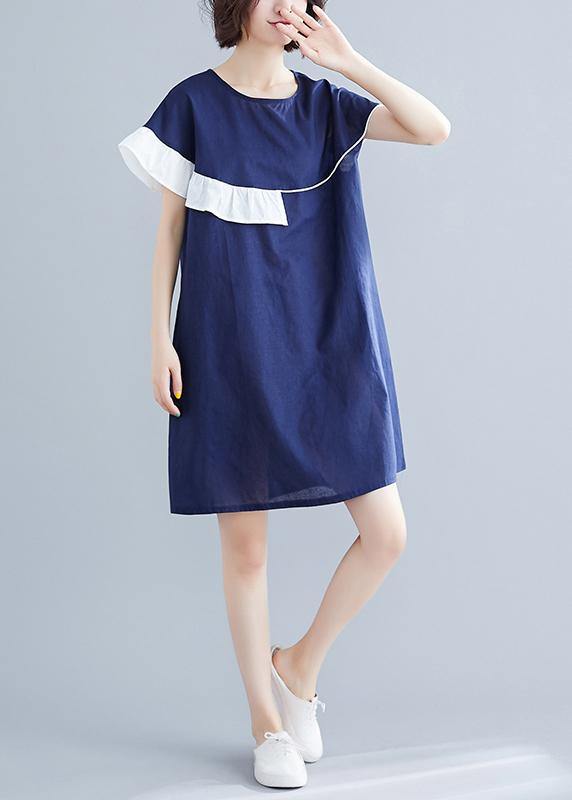Modern blue Cotton Wardrobes o neck patchwork summer Dress - SooLinen