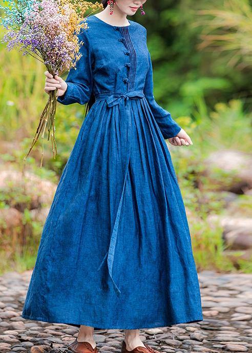 Modern blue clothes For Women o neck exra large hem long spring Dresses - SooLinen