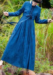 Modern blue clothes For Women o neck exra large hem long spring Dresses - SooLinen