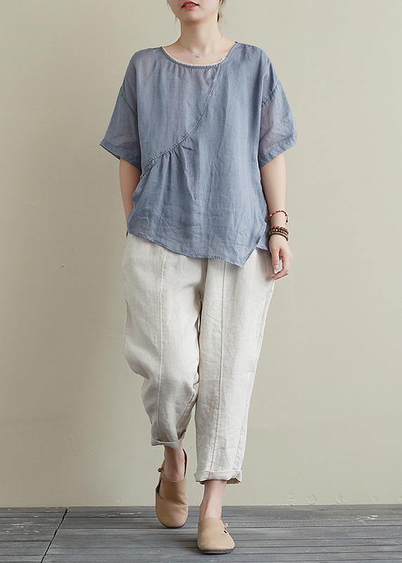 Modern blue cotton linen shirts women Sewing o neck asymmetric summer shirts - SooLinen