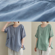 Modern blue cotton linen shirts women Sewing o neck asymmetric summer shirts - SooLinen