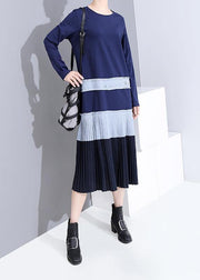 Modern blue cotton tunic top cotton patchwork pleated Dresses - SooLinen