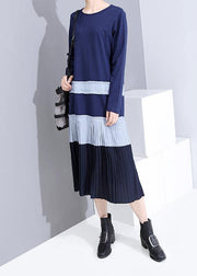Modern blue cotton tunic top cotton patchwork pleated Dresses - SooLinen