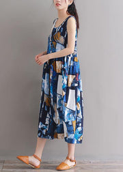 Modern blue floral linen cotton clothes For Women tie waist loose summer Dress - SooLinen