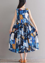 Modern blue floral linen cotton clothes For Women tie waist loose summer Dress - SooLinen