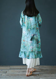 Modern blue print cotton dress stand collar Ruffles Love Dresses - SooLinen