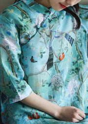 Modern blue print cotton dress stand collar Ruffles Love Dresses - SooLinen