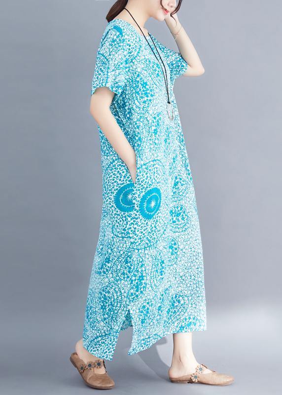 Modern blue print linen Long Shirts Organic Fabrics o neck side open Maxi Summer Dress - SooLinen