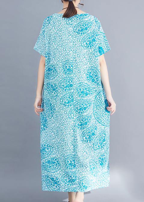 Modern blue print linen Long Shirts Organic Fabrics o neck side open Maxi Summer Dress - SooLinen