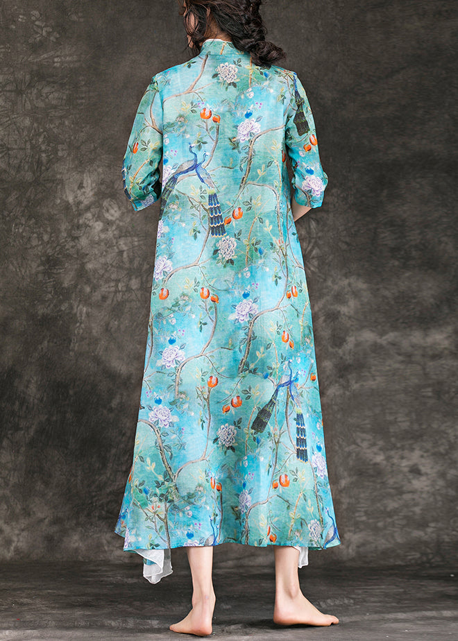 Moderne blau bedruckte Leinenkleider Vintage-Ausschnitt Stehkragen Maxi-Sommerkleid mit halben Ärmeln