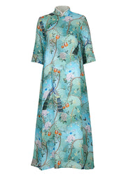 Modern blue print linen dresses Vintage Neckline stand collar Half sleeve Maxi Summer Dress