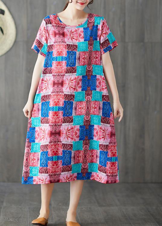 Modern blue prints cotton linen clothes For Women short sleeve wild long summer Dresses - SooLinen