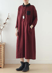 Modern burgundy linen Wardrobes lapel pockets Maxi fall Dresses - SooLinen