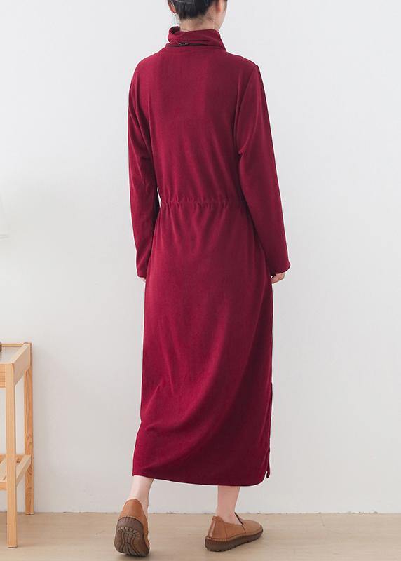 Modern burgundy quilting clothes high neck drawstring robes Dresses - SooLinen