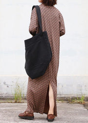 Modern chocolate print dresses asymmetric v neck Plus Size Dress - SooLinen