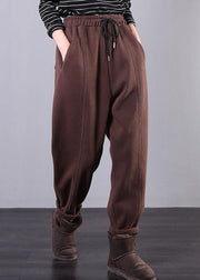 Modern chocolate trousers plus size fall drawstring pockets Outfits harem pants - SooLinen
