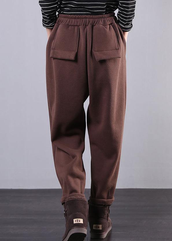 Modern chocolate trousers plus size fall drawstring pockets Outfits harem pants - SooLinen