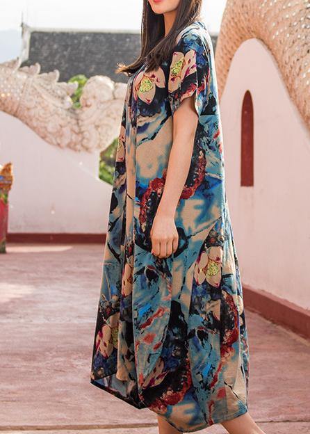 Modern dark blue print v neck asymmetric cotton robes summer Dresses - SooLinen