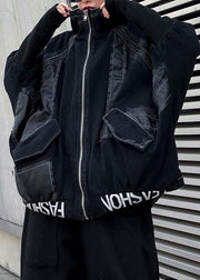 Modern denim black Plus Size for women Sewing zippered patchwork coats - SooLinen