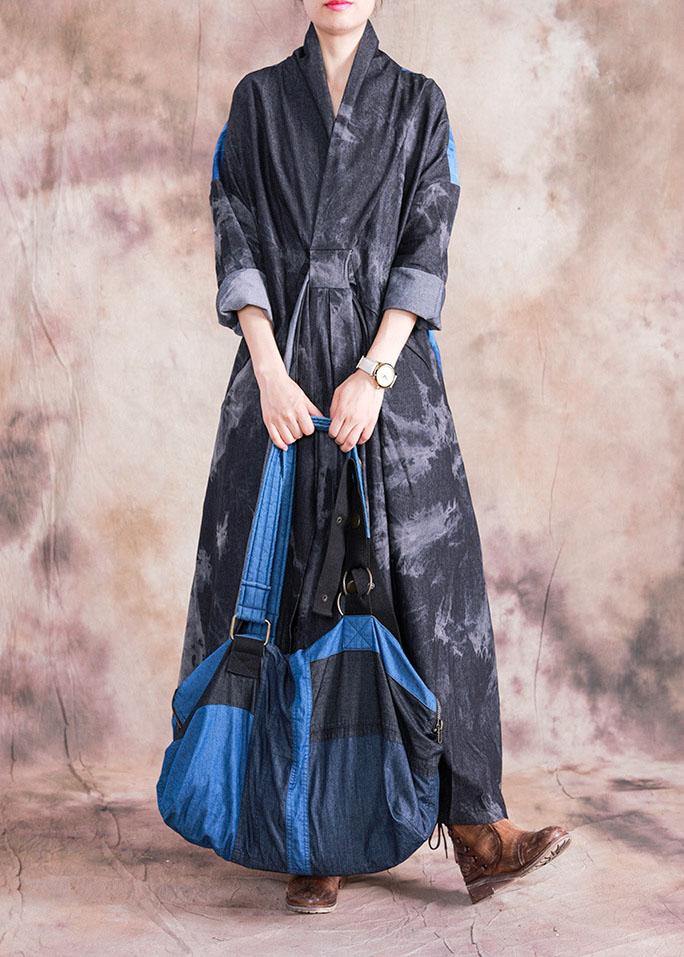 Modern denim black cotton dress v neck patchwork loose fall Dress - SooLinen