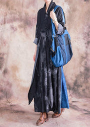 Modern denim black cotton dress v neck patchwork loose fall Dress - SooLinen