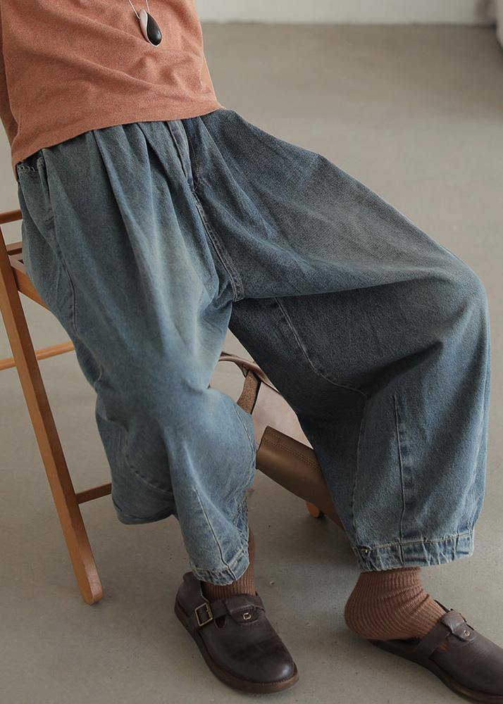 Modern denim blue pants oversize wide leg pants cotton Fabrics casual pants - SooLinen