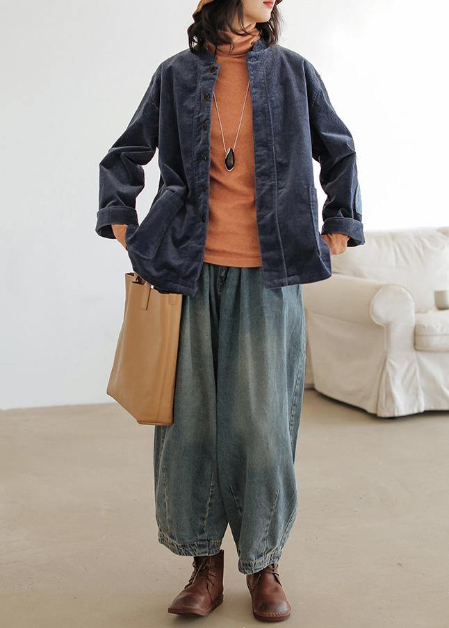 Modern denim blue pants oversize wide leg pants cotton Fabrics casual pants - SooLinen