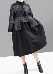 Modern false two pieces cotton patchwork quilting dresses Shirts gray prints Plus Size Dress - SooLinen