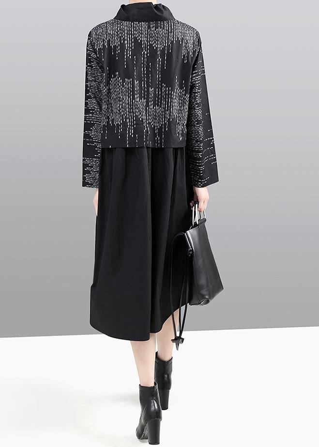 Modern false two pieces cotton patchwork quilting dresses Shirts gray prints Plus Size Dress - SooLinen