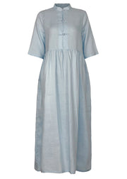 Modernes graublaues Leinenkleid Organic Runway Stehkragentaschen lockeres Sommerkleid