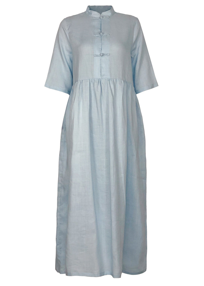 Modern gray blue linen dress Organic Runway stand collar pockets loose Summer Dress