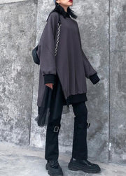 Modern gray cotton clothes For Women patchwork tunic o neck Sweatshirt - SooLinen