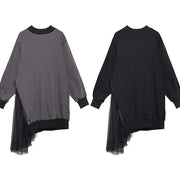 Modern gray cotton clothes For Women patchwork tunic o neck Sweatshirt - SooLinen