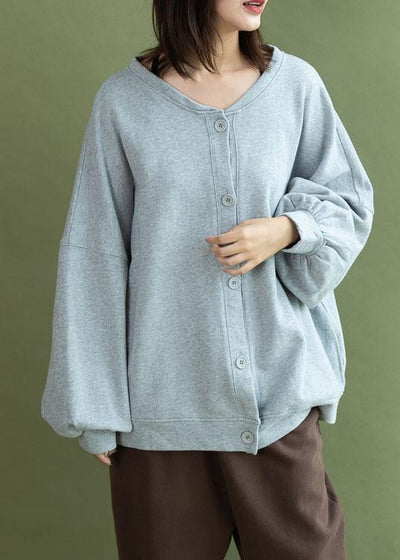 Modern gray cotton linen tops women lantern sleeve Button Down oversized fall shirts - SooLinen