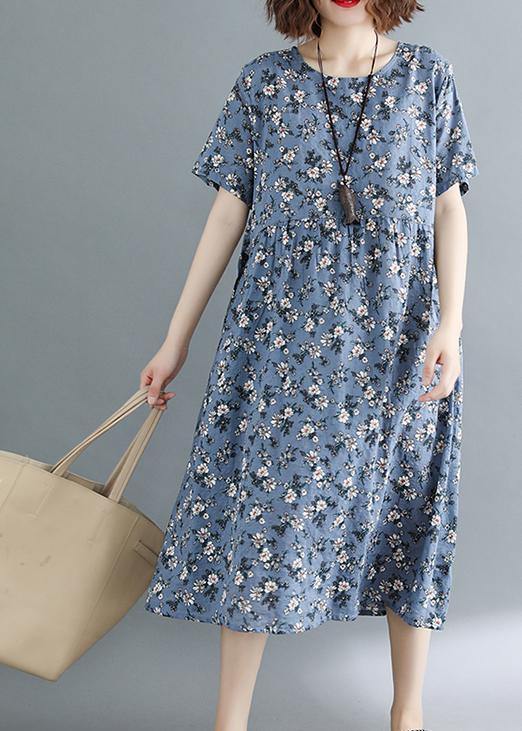 Modern gray print tunic dress o neck pockets baggy summer Dress - SooLinen