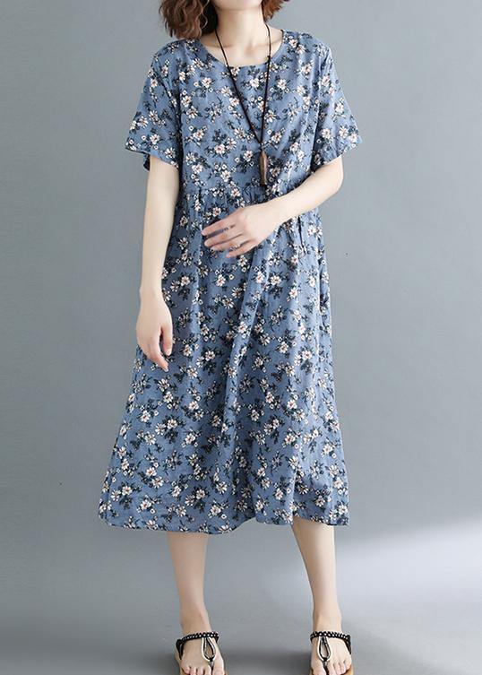 Modern gray print tunic dress o neck pockets baggy summer Dress - SooLinen