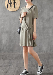 Modern green cotton clothes For Women o neck Bow Art summer Dress - SooLinen