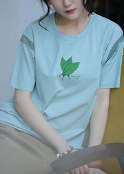 Modern green print cotton blouses for women o neck Midi summer blouses - SooLinen